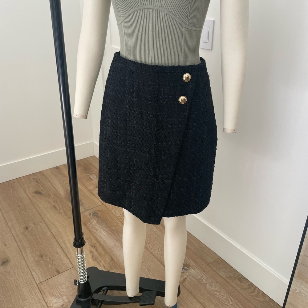 Nine West Black Tweed Wrap-Style Skirt with Gold Buttons